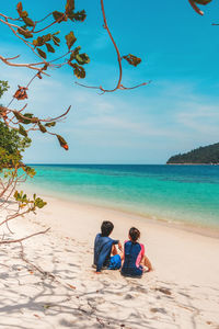 Rear view of men sitting on beach