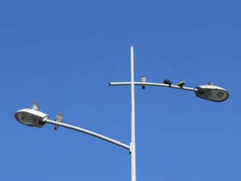 Low angle view of street light against blue sky