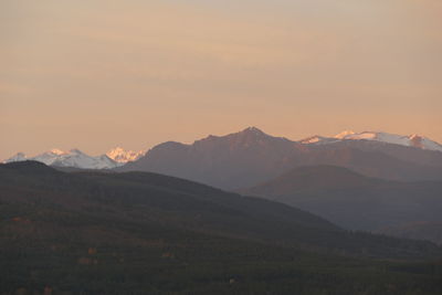 Scenic view of mountains against sky during sunset