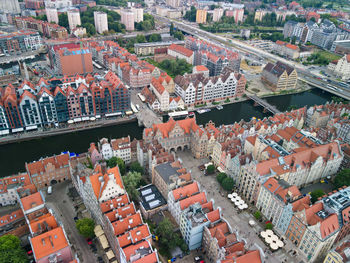 High angle view of buildings in city