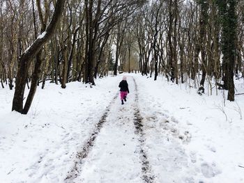 Rear view of person walking on snow covered field