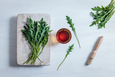 High angle view of vegetables on cutting board