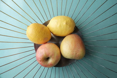 Directly above shot of apples and lemons in basket