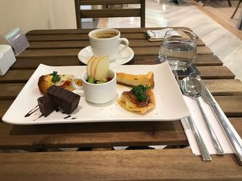 High angle view of food served on table