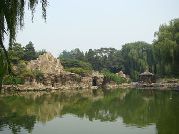 Reflection of trees in lake against sky