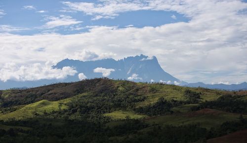 Scenic view of mountains against cloudy sky