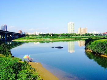 Scenic view of river by city against clear blue sky