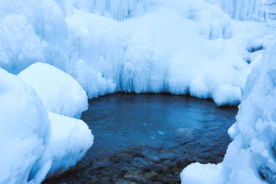 Close up of the ice and water on the lake in winter