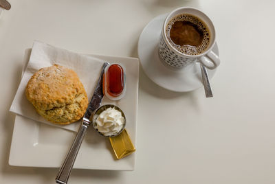 High angle view of breakfast served on table