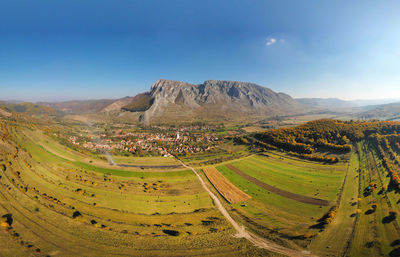 Aerial drone view of piatra secuiului mountain and rimetea, torocko village,transylvania, romania