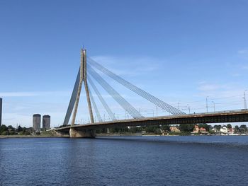 Suspension bridge over river against sky in city