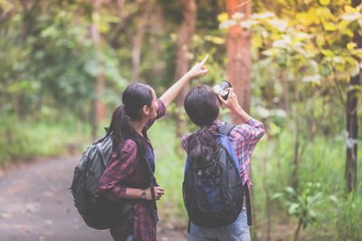 Rear view of woman photographing with friend pointing while standing by tree