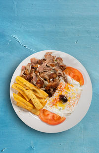 High angle view of food in plate on table