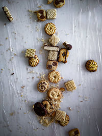 High angle view of cookies on table