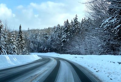 Snow covered road by trees against sky