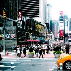 People walking on city street