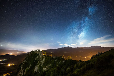 Scenic view of mountains against sky at night