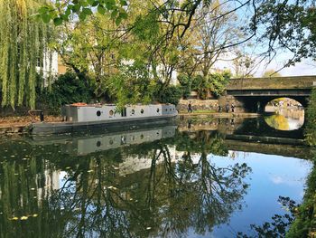 Arch bridge over river against trees