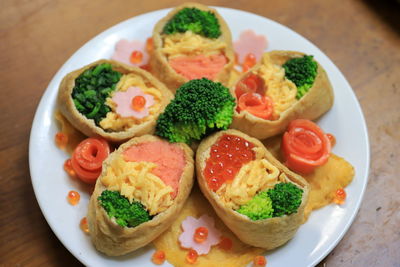 High angle view of breakfast served on table