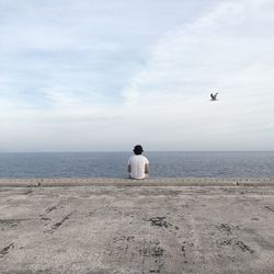 Rear view of man looking at sea against sky