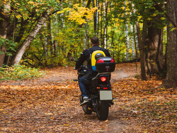 Man riding motor scooter on road in forest