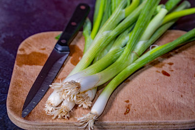 High angle view of chopped vegetables on cutting board