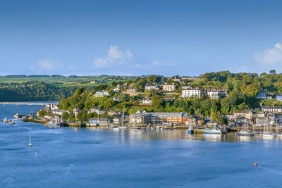 Scenic view of sea by buildings against sky