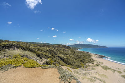 Scenic view of sea against blue sky