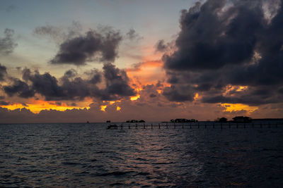 Sunset background and sun beam on the open sea with beautiful clouds.