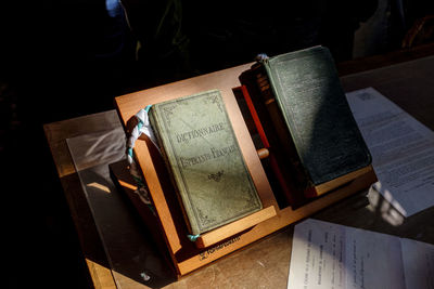 High angle view of open book on table