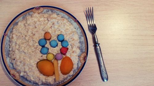 High angle view of eggs in bowl on table