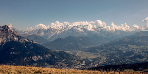 Scenic view of snowcapped mountains against sky