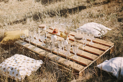 High angle view of food on table in field