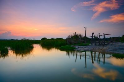 Scenic view of lake against sky during sunset