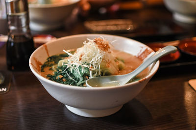 Close-up of soup in bowl on table