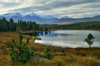 Scenic view of lake with mountains in background