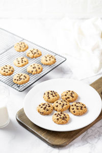 High angle view of cookies in plate on table