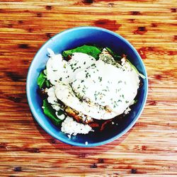 High angle view of food in bowl on table