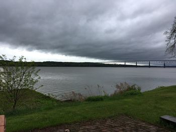 Scenic view of sea against storm clouds