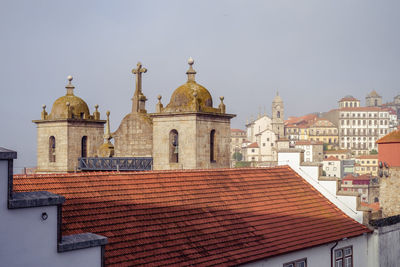 View of buildings in city against clear sky