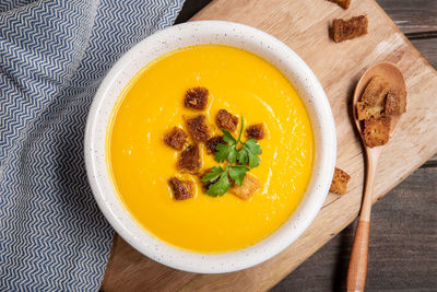 High angle view of soup in bowl on table