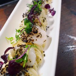 Close-up of noodles served in tray