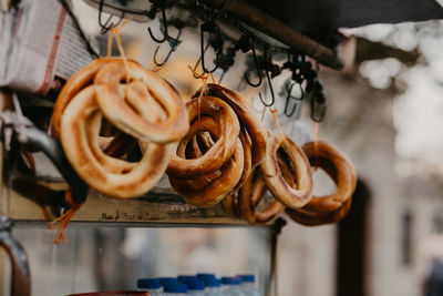 Close-up of bagel hanging for sale