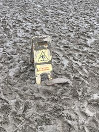 High angle view of information sign on water