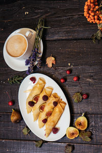 High angle view of breakfast on table