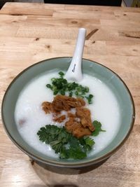 High angle view of food in bowl on table