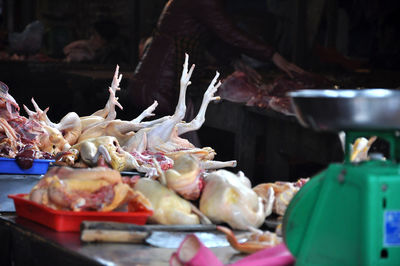 Close-up of raw meat for sale in market