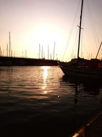 Sailboats in marina at sunset