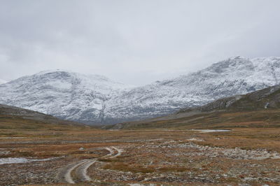 Scenic view of snow covered mountains