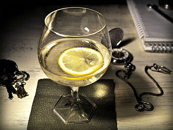 High angle view of drinks on table